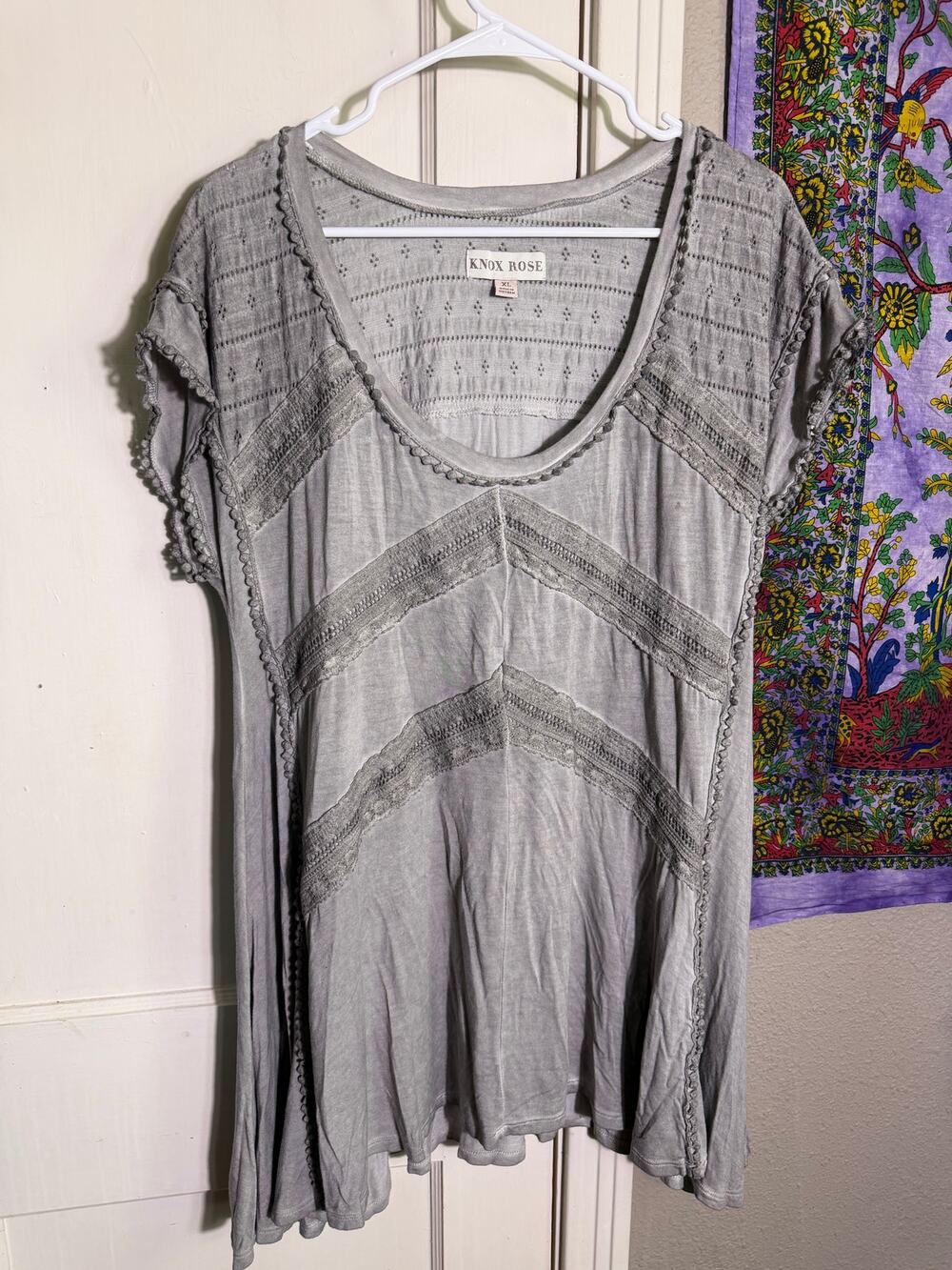 Knox Rose Gray Boho Tunic Top Crochet Lace Swing Blouse Short Sleeve - XL